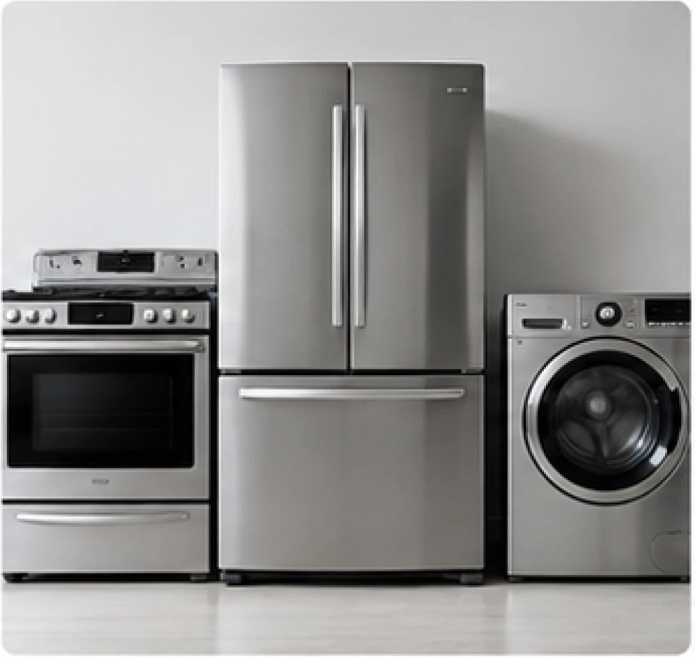 A stainless steel range, refrigerator and washing machine