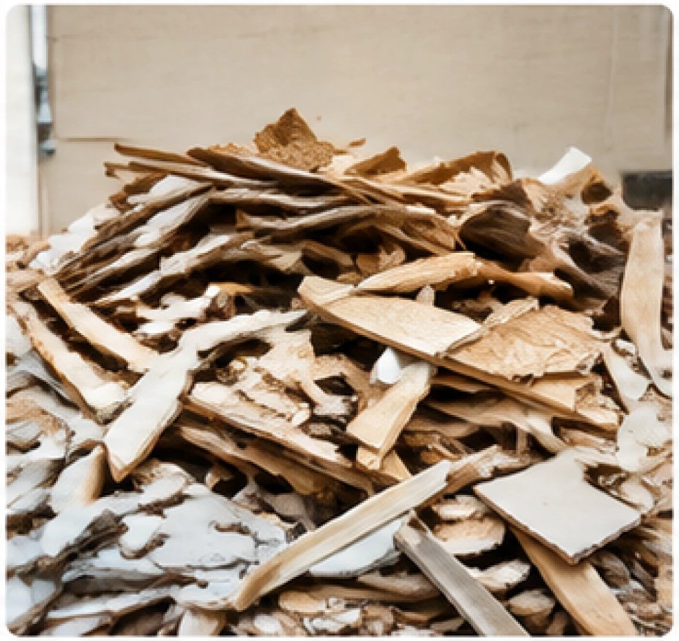 A pile of broken drywall and wood construction debris
