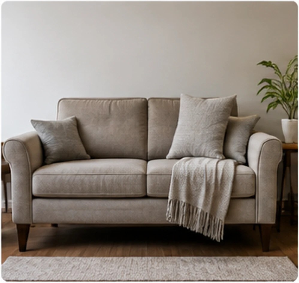 A fabric loveseat with throw pillows and a blanket