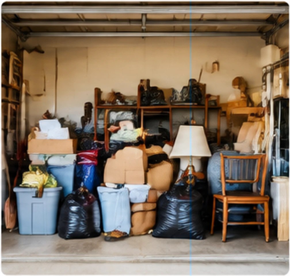 A garage packed with boxes, bins, bags and old furniture