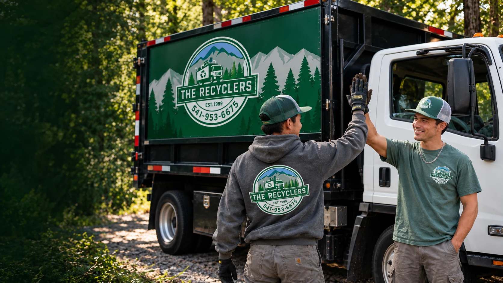 Two Recyclers crew members in company hoodies and caps sharing a high five beside the truck