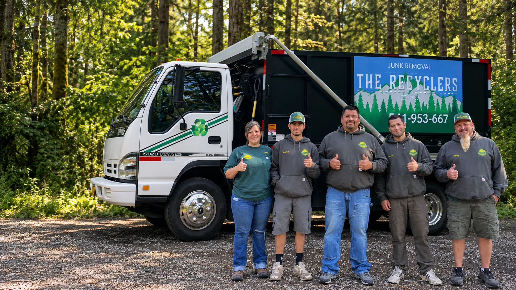 The Recyclers crew giving a thumbs-up in front of their junk removal truck in the forest