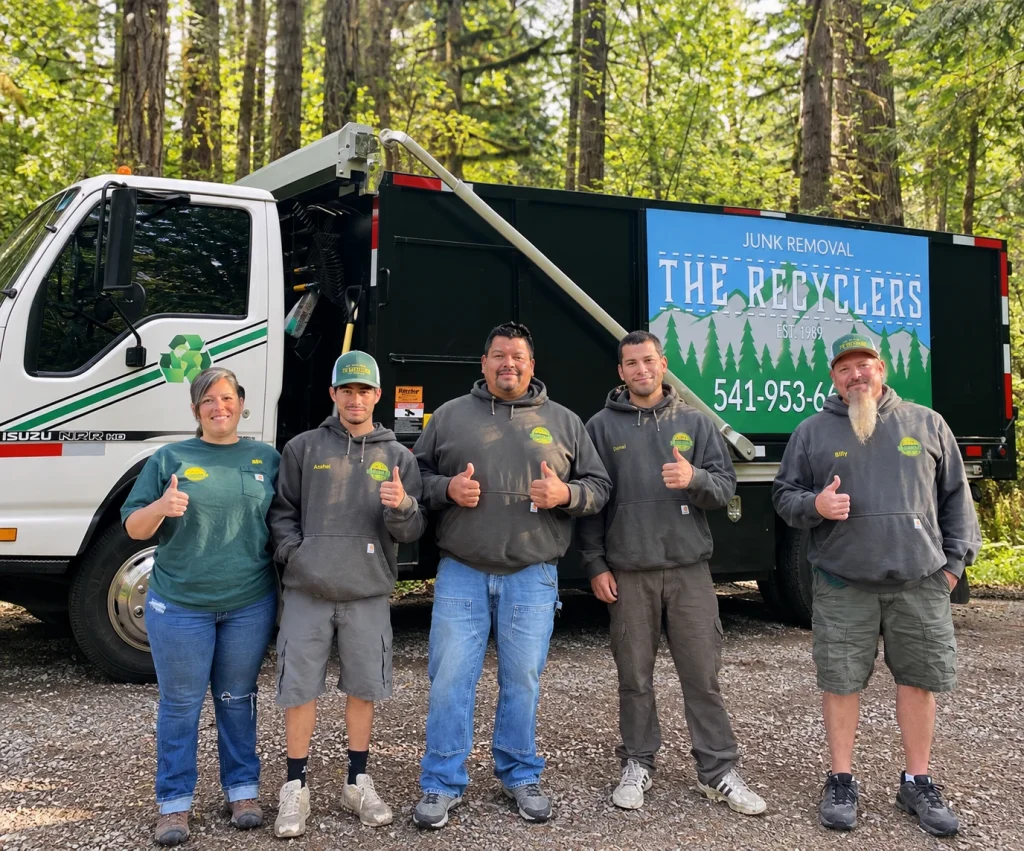 Five members of The Recyclers crew giving a thumbs-up in front of their junk removal truck